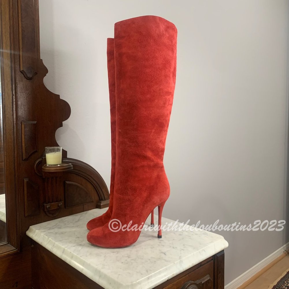 Louboutin Vitish 100 Red Suede Knee Boots size 37.5